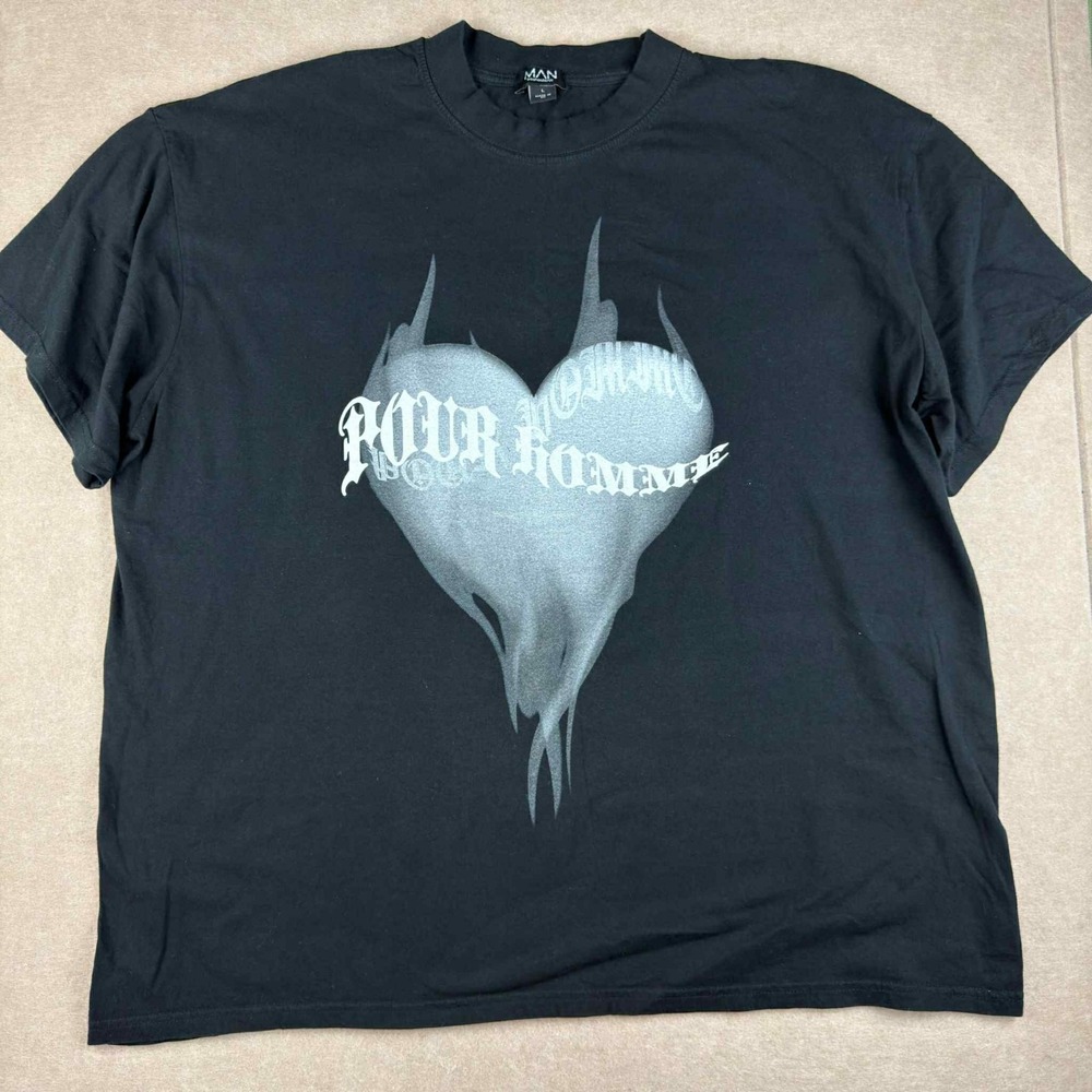 BoohooMAN Shirt Men L Black Pour‎ Homme Dripping Heart Graphic Streetwear Tee UK